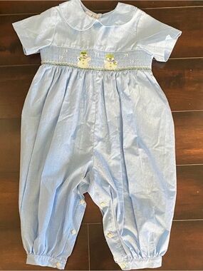 Vintage Amanda Remembered Blue Smocked Gingham Romper Embroidered Snowman Xmas